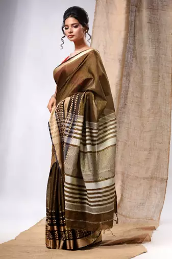 Green Cotton Silk Handwoven Saree With Texture Borders