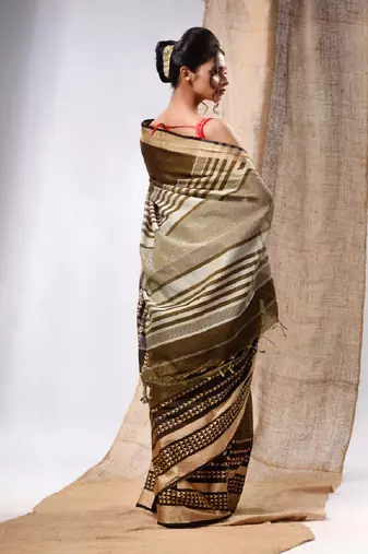 Green Cotton Silk Handwoven Saree With Texture Borders