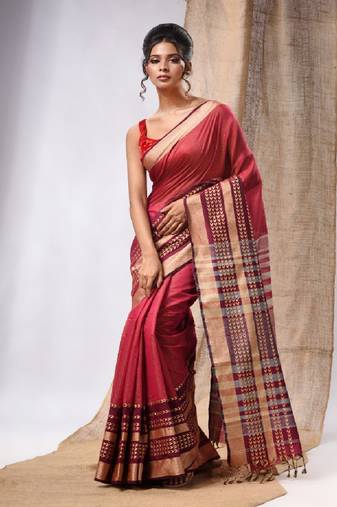 Pink Cotton Silk Handwoven Saree With Texture Borders