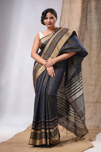 Blue Cotton Silk Handwoven Saree With Texture Borders