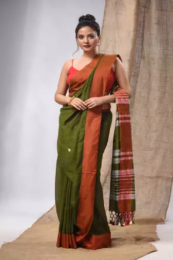 Sap Green Cotton Handspun Handwoven Soft Saree With Kantha Work