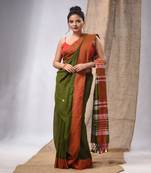 Sap Green Cotton Handspun Handwoven Soft Saree With Kantha Work