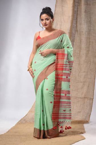 Light Green Cotton Handspun Handwoven Soft Saree With Kantha Work