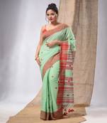 Light Green Cotton Handspun Handwoven Soft Saree With Kantha Work