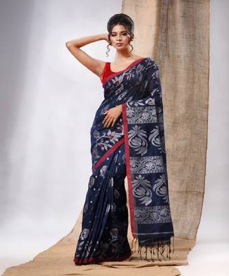 Navy Blue Cotton  Handwoven Saree With Floral Design 1