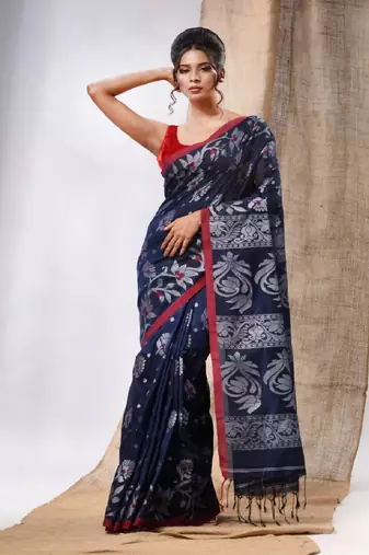 Navy Blue Cotton  Handwoven Saree With Floral Design