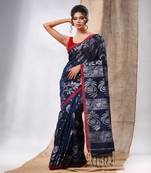 Navy Blue Cotton  Handwoven Saree With Floral Design