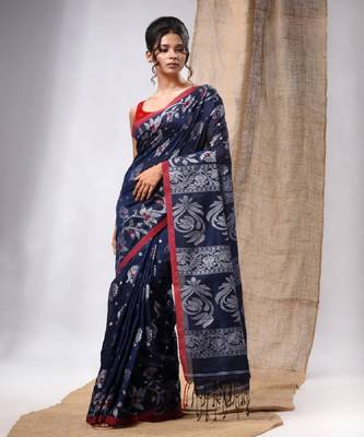 Navy Blue Cotton  Handwoven Saree With Floral Design 2