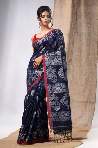 Navy Blue Cotton  Handwoven Saree With Floral Design
