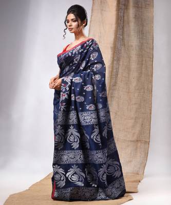 Navy Blue Cotton  Handwoven Saree With Floral Design 3