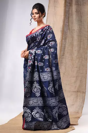 Navy Blue Cotton  Handwoven Saree With Floral Design