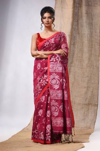 Magenta Cotton  Handwoven Saree With Floral Design