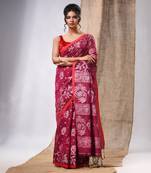 Magenta Cotton  Handwoven Saree With Floral Design