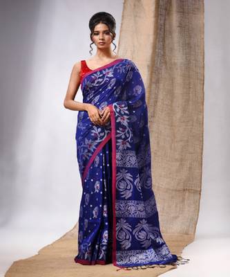 Royal Blue Cotton  Handwoven Saree With Floral Design 1