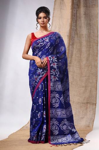 Royal Blue Cotton  Handwoven Saree With Floral Design