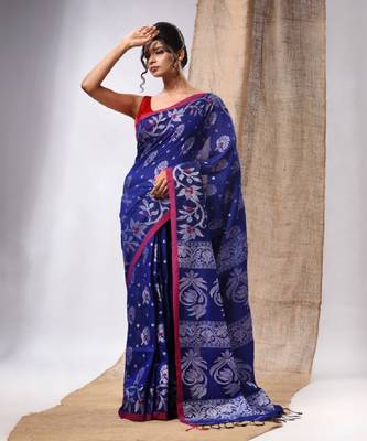 Royal Blue Cotton  Handwoven Saree With Floral Design 2