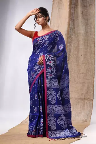 Royal Blue Cotton  Handwoven Saree With Floral Design