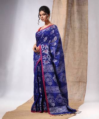 Royal Blue Cotton  Handwoven Saree With Floral Design 3