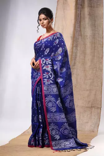 Royal Blue Cotton  Handwoven Saree With Floral Design