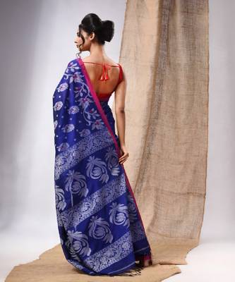 Royal Blue Cotton  Handwoven Saree With Floral Design 4