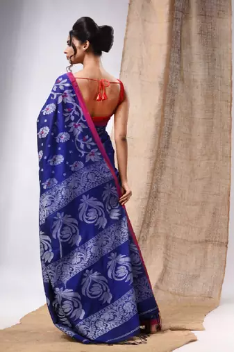 Royal Blue Cotton  Handwoven Saree With Floral Design