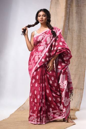 Fuchsia Cotton Handwoven Saree With Woven Jamdani Borders