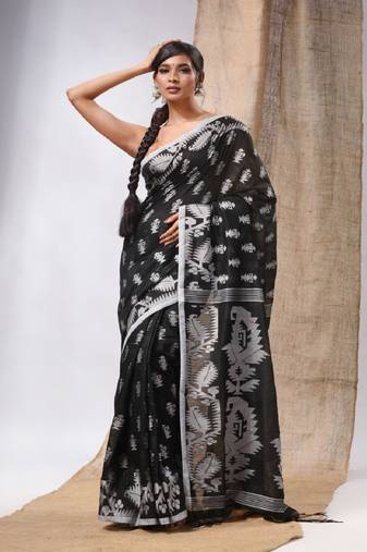 Black Cotton Handwoven Saree With Woven Jamdani Borders