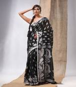 Black Cotton Handwoven Saree With Woven Jamdani Borders
