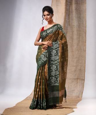 Moss Green Tissue Handwoven Saree With Jamdani Borders 1