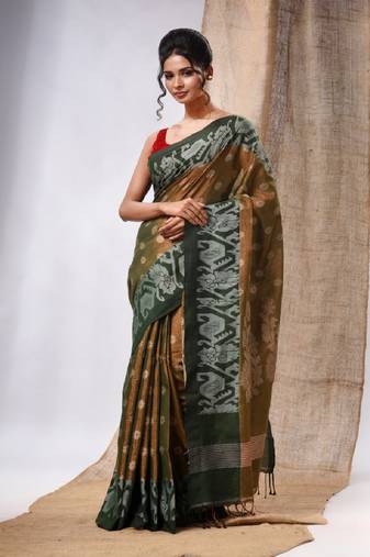 Moss Green Tissue Handwoven Saree With Jamdani Borders