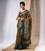 Moss Green Tissue Handwoven Saree With Jamdani Borders