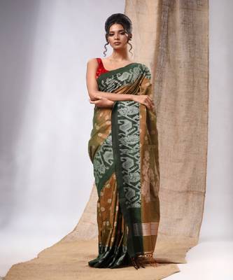 Moss Green Tissue Handwoven Saree With Jamdani Borders 2
