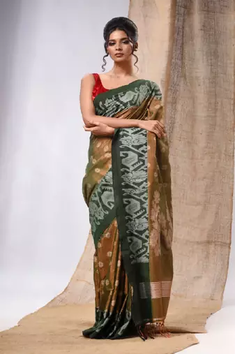 Moss Green Tissue Handwoven Saree With Jamdani Borders