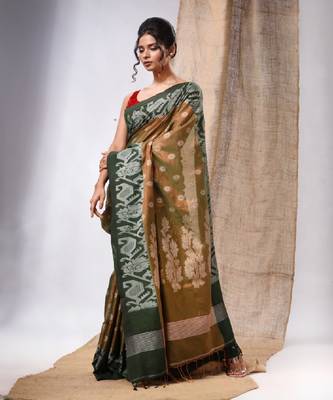 Moss Green Tissue Handwoven Saree With Jamdani Borders 3
