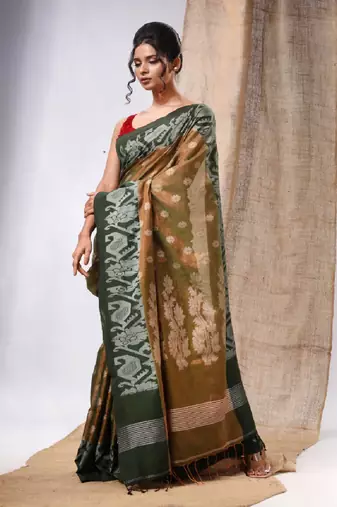 Moss Green Tissue Handwoven Saree With Jamdani Borders