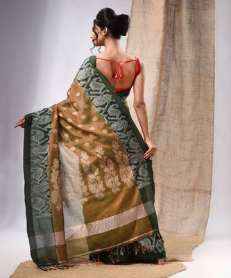 Moss Green Tissue Handwoven Saree With Jamdani Borders 4
