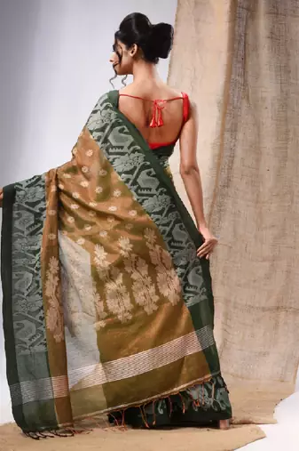 Moss Green Tissue Handwoven Saree With Jamdani Borders