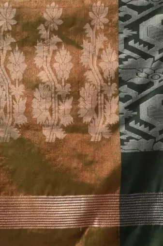 Moss Green Tissue Handwoven Saree With Jamdani Borders