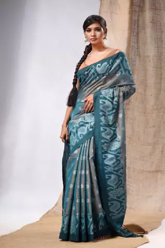 Teal Tissue Handwoven Saree With Jamdani Borders