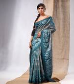 Teal Tissue Handwoven Saree With Jamdani Borders