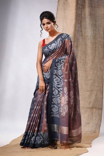 Copper Tissue Handwoven Saree With Jamdani Borders