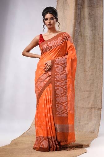 OrangeTissue Handwoven Saree With Jamdani Borders