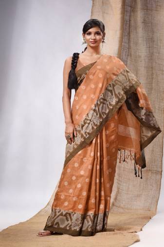 Beige Tissue Handwoven Saree With Jamdani Borders