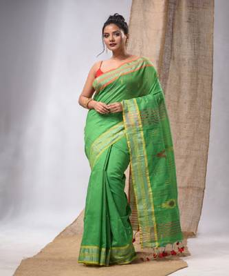 Green Cotton Silk Handwoven Soft Saree With Sequins Work 1