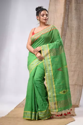 Green Cotton Silk Handwoven Soft Saree With Sequins Work