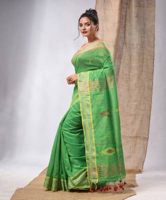Green Cotton Silk Handwoven Soft Saree With Sequins Work 3