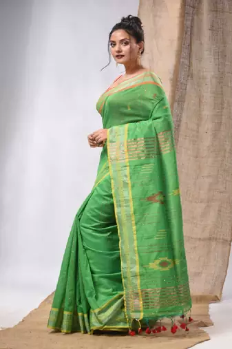 Green Cotton Silk Handwoven Soft Saree With Sequins Work