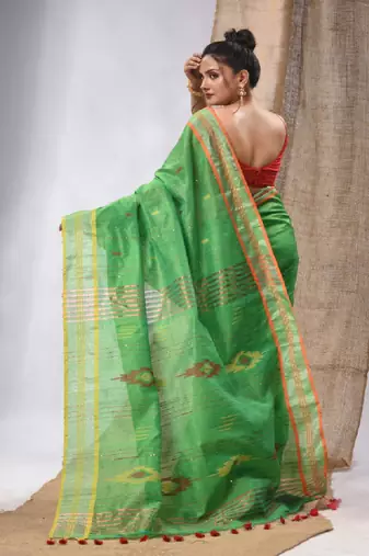 Green Cotton Silk Handwoven Soft Saree With Sequins Work