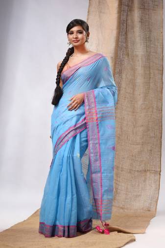 Sky Blue Cotton Silk Handwoven Soft Saree With Sequins Work