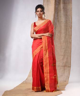 Red Cotton Silk Handwoven Soft Saree With Sequins Work 1